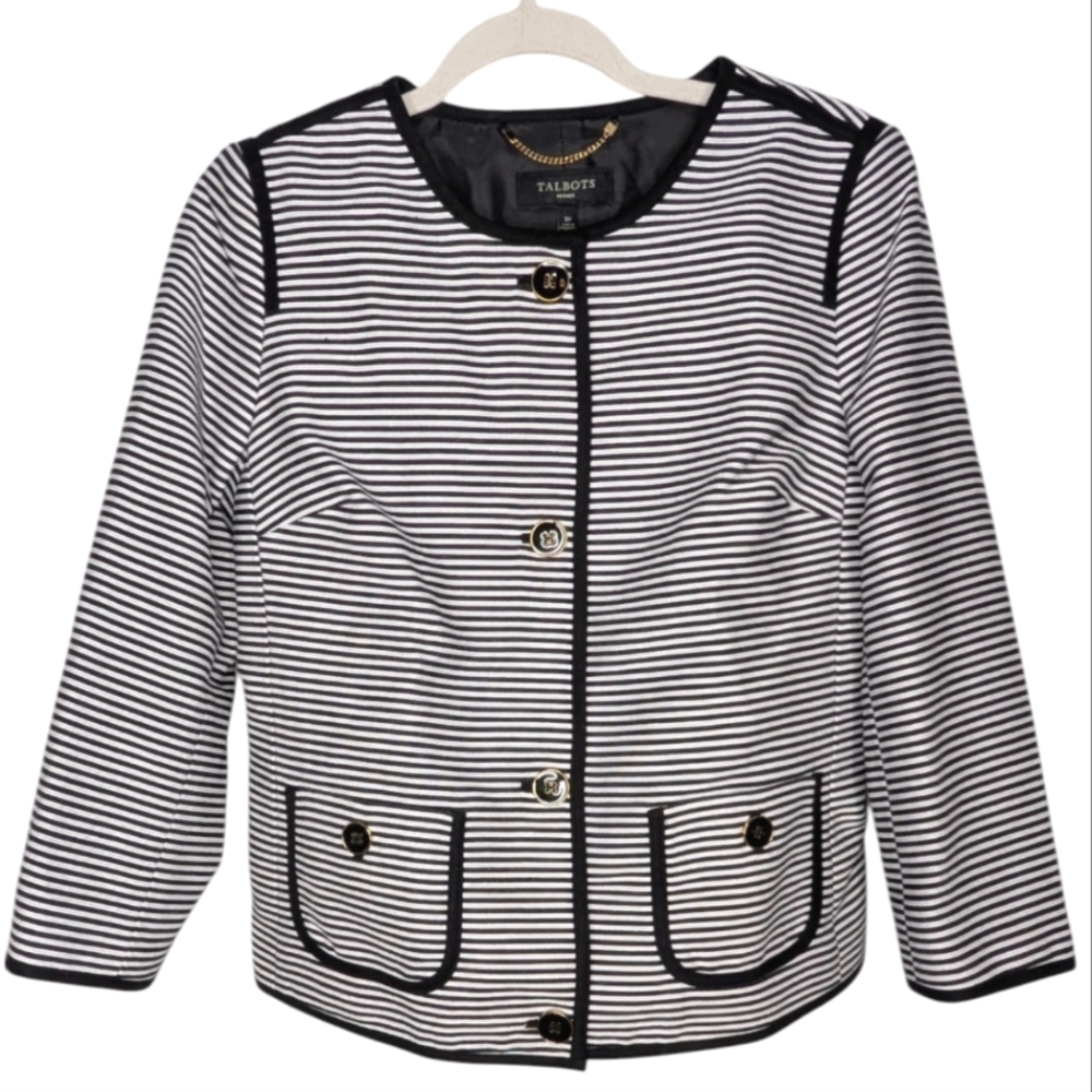 NWOT Talbots Black White Striped Classic Coastal Preppy Career Blazer 8P